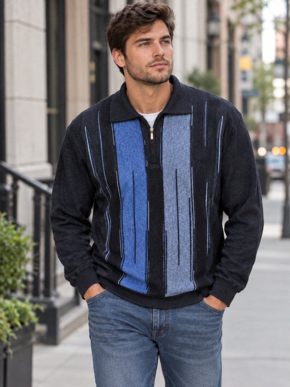 Montechiaro Italy Vintage Merino Wool Blend Sweater Navy Blue Quarter Zip Casual